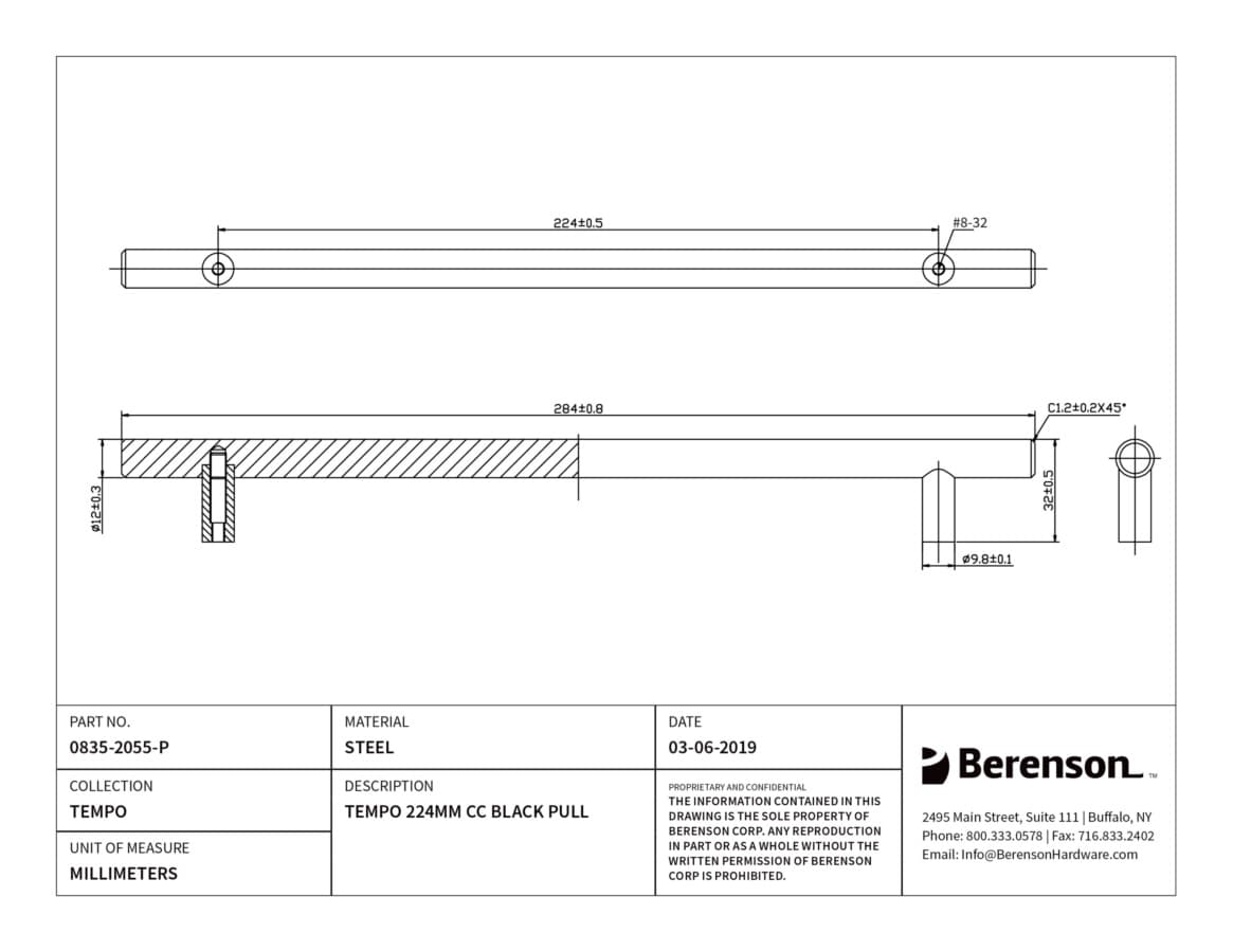 Berenson Tempo 8-13/16" (224 mm) Center to Center Black Pull, 0835-2055-P