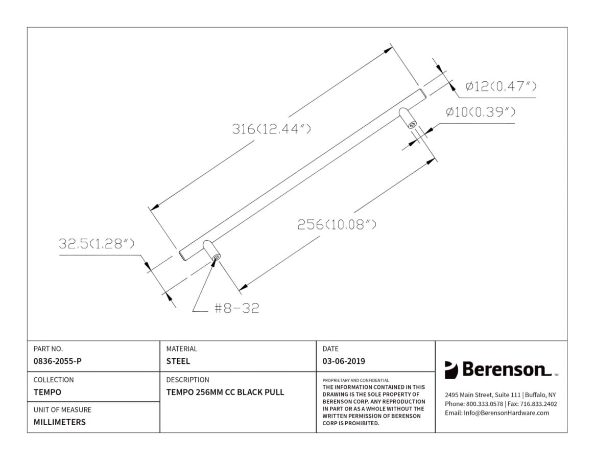 Berenson Tempo 10-1/16" (256 mm) Center to Center Black Pull, 0836-2055-P