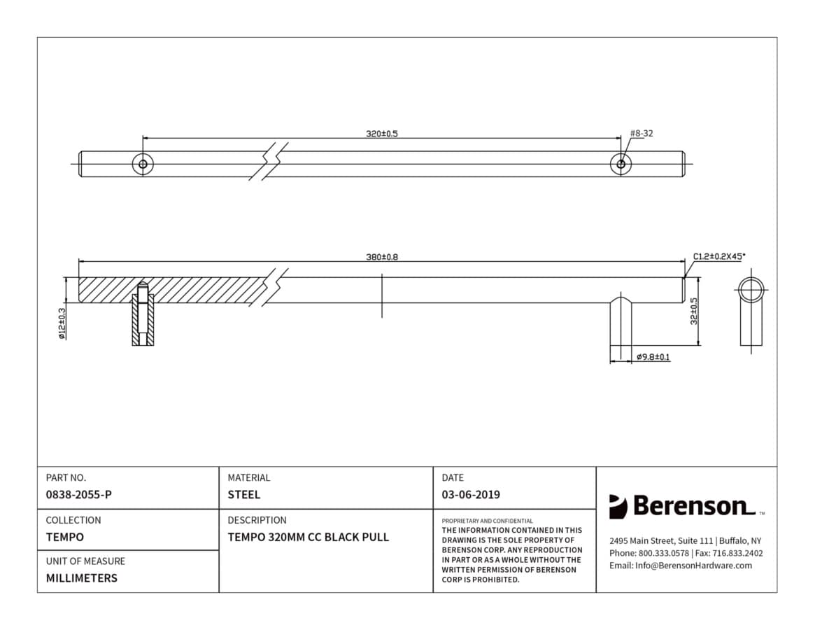 Berenson Tempo 12-5/8" (320 mm) Center to Center Black Pull, 0838-2055-P