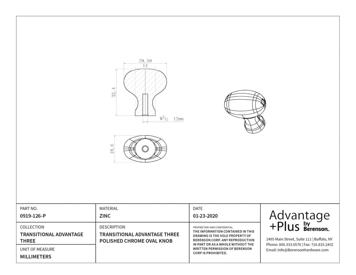 Berenson Transitional Advantage Three Polished Chrome 1-5/16" (33 mm) L x 7/8" (22 mm) W Knob, 0919-126-P