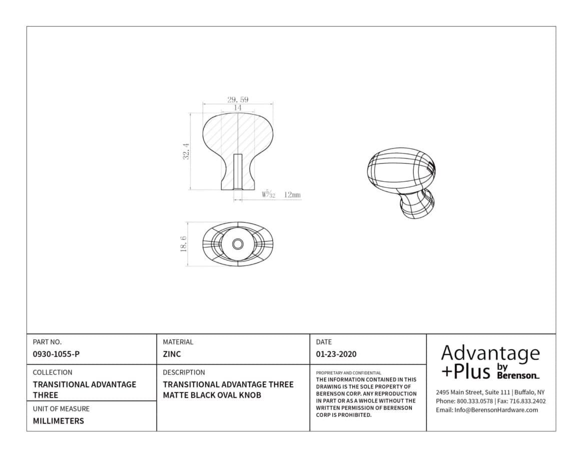 Berenson Traditional Advantage Three Matte Black 1-1/8" (29 mm) L x 3/4" (19 mm) W Knob, 0930-1055-P