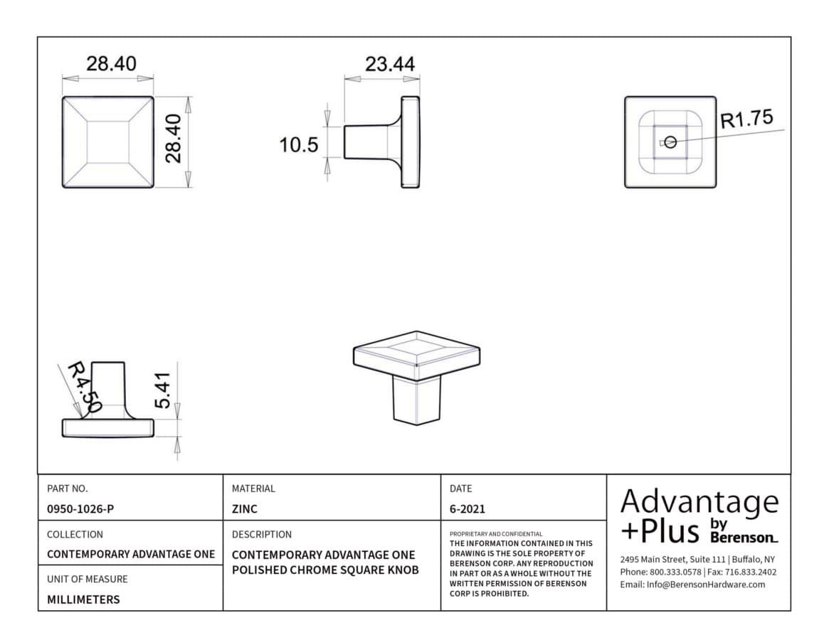 Berenson Contemporary Advantage One Polished Chrome 1-1/8" (29 mm) L x 1-1/8" (29 mm) W Knob, 0950-1026-P