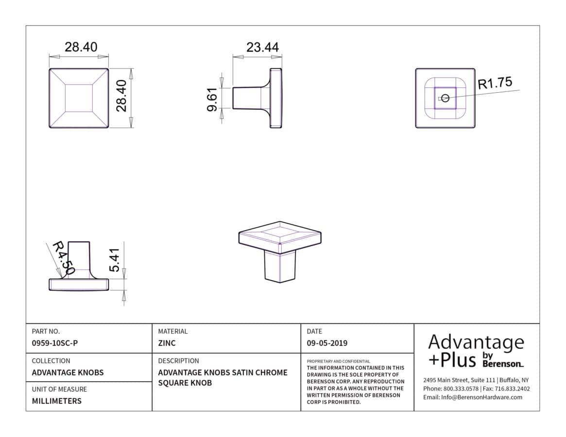 Berenson Contemporary Advantage One Satin Chrome 1-1/8" (29 mm) L x 1-1/8" (29 mm) W Knob, 0959-10SC-P