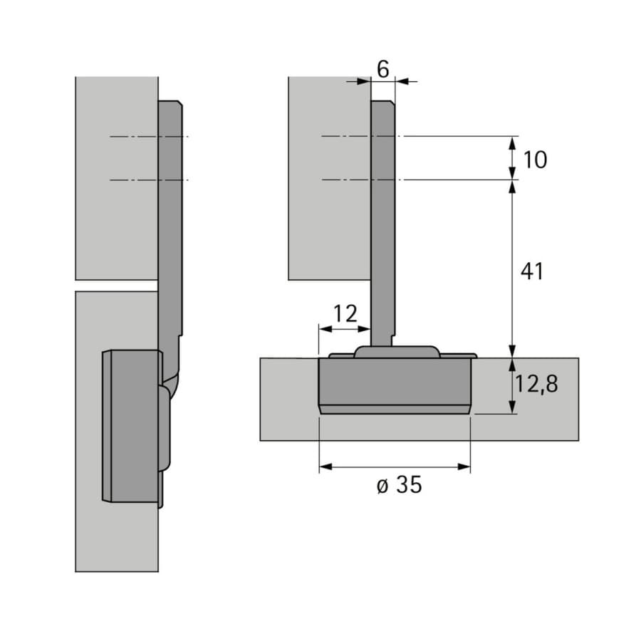 90˚ Opening Fascia Hinge With Spring, 45mm Bore Pattern, Nickel-Plated, detail 2