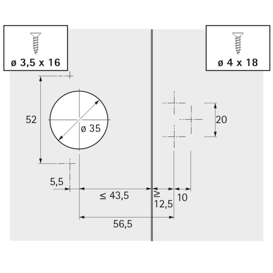 90˚ Opening Fascia Hinge With Spring, 45mm Bore Pattern, Nickel-Plated, detail 4