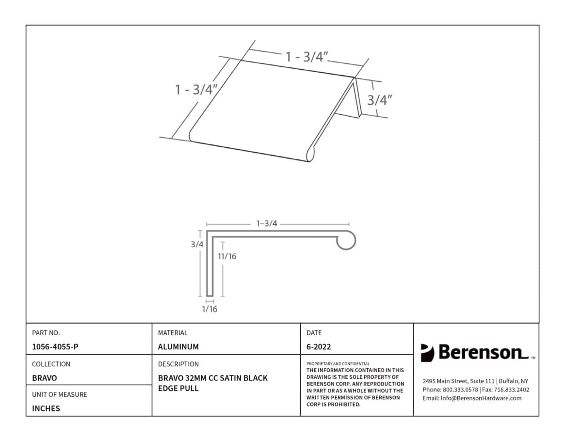 Berenson Bravo 1-1/4" (32 mm) Center to Center Satin Black Tab Pull, 1056-4055-P
