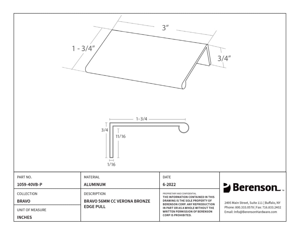 Berenson Bravo 2-3/16" (56 mm) Center to Center Verona Bronze Tab Pull, 1059-40VB-P