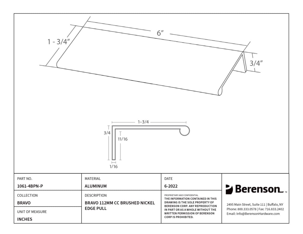Berenson Bravo 4-7/16" (113 mm) Center to Center Brushed Nickel Tab Pull, 1061-4BPN-P