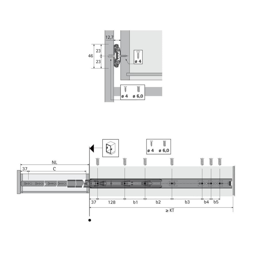 Hettich 26" Full Extension Standard Ball Bearing Drawer Slides KA 5632 Series, Unhanded Side Mount Zinc - 1071900, detail 2