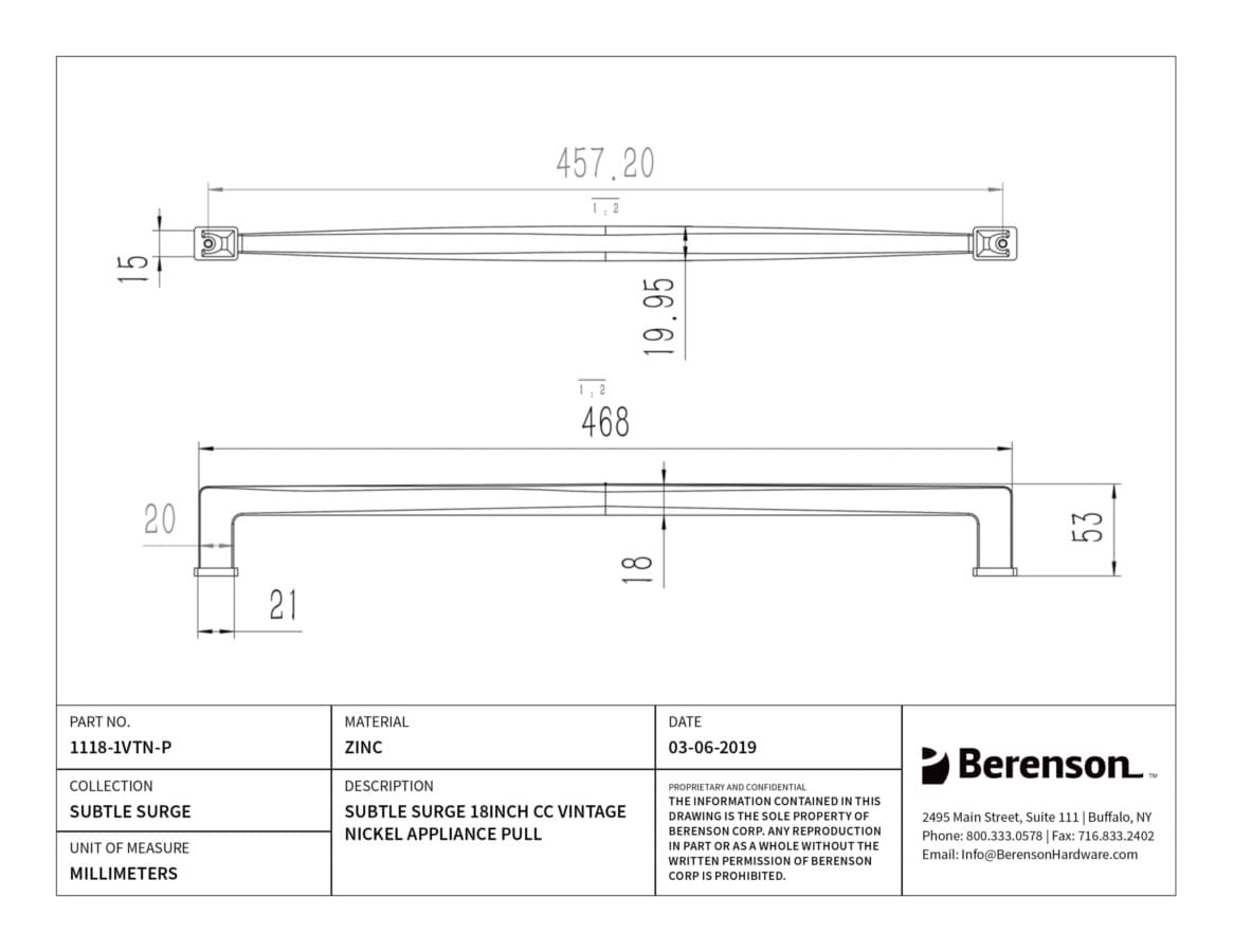 Berenson Subtle Surge Vintage Nickel 18" (457 mm) Center to Center Appliance Pull, 1118-1VTN-P