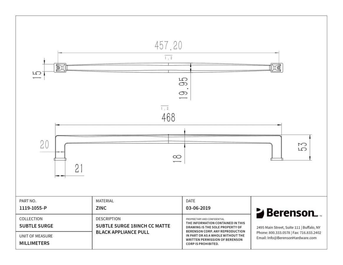 Berenson Subtle Surge Matte Black 18" (457 mm) Center to Center Appliance Pull, 1119-1055-P