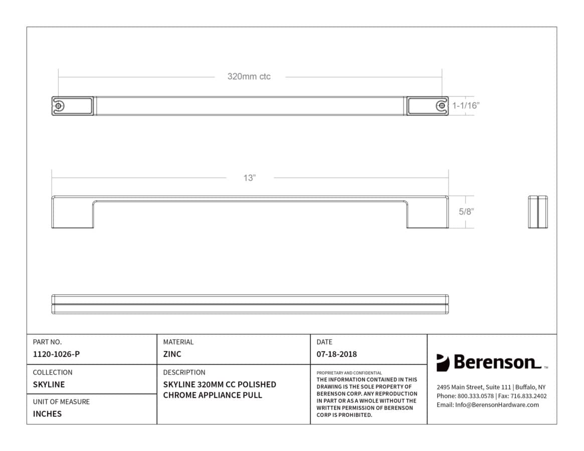 Berenson Skyline 12-5/8" (320 mm) Center to Center Polished Chrome Pull, 1120-1026-P