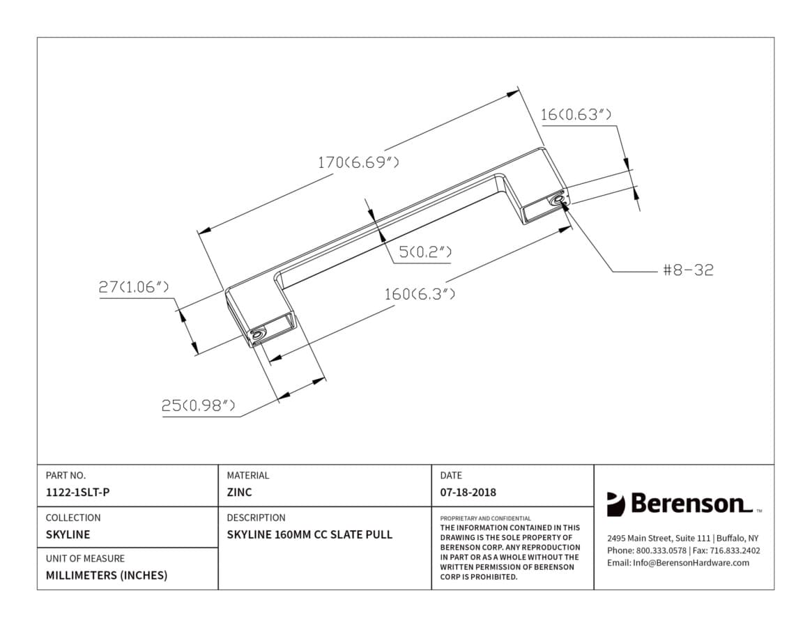 Berenson Skyline 6-5/16" (160 mm) Center to Center Slate Pull, 1122-1SLT-P