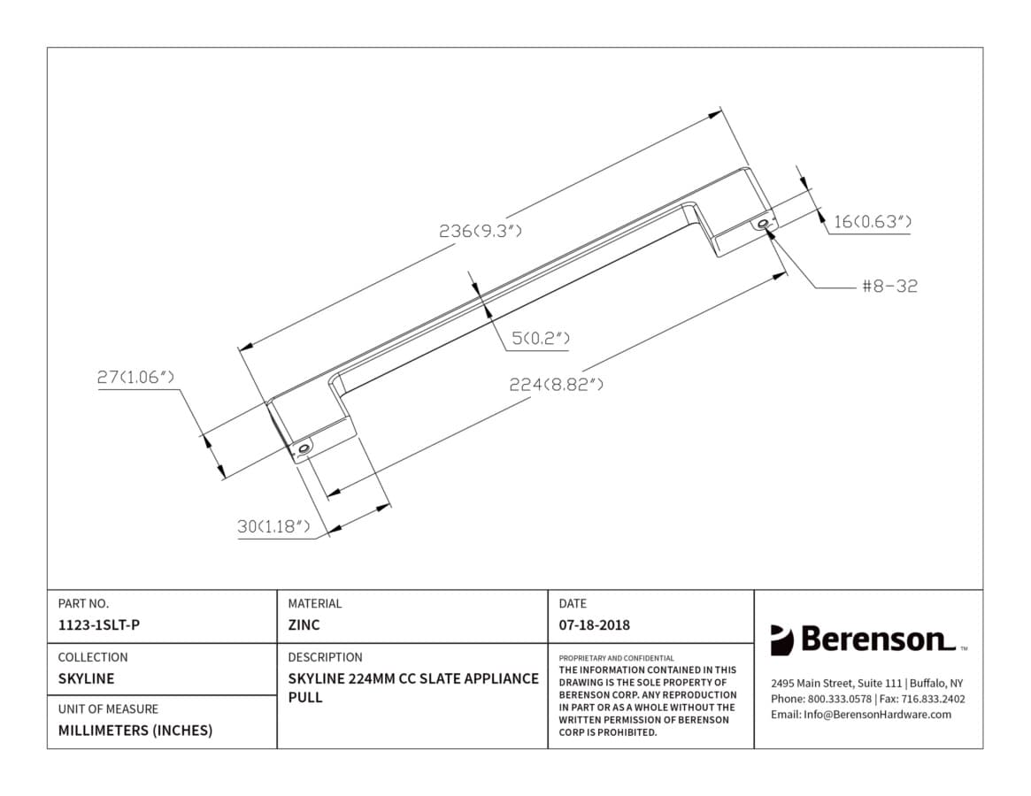 Berenson Skyline 8-13/16" (224 mm) Center to Center Slate Pull, 1123-1SLT-P