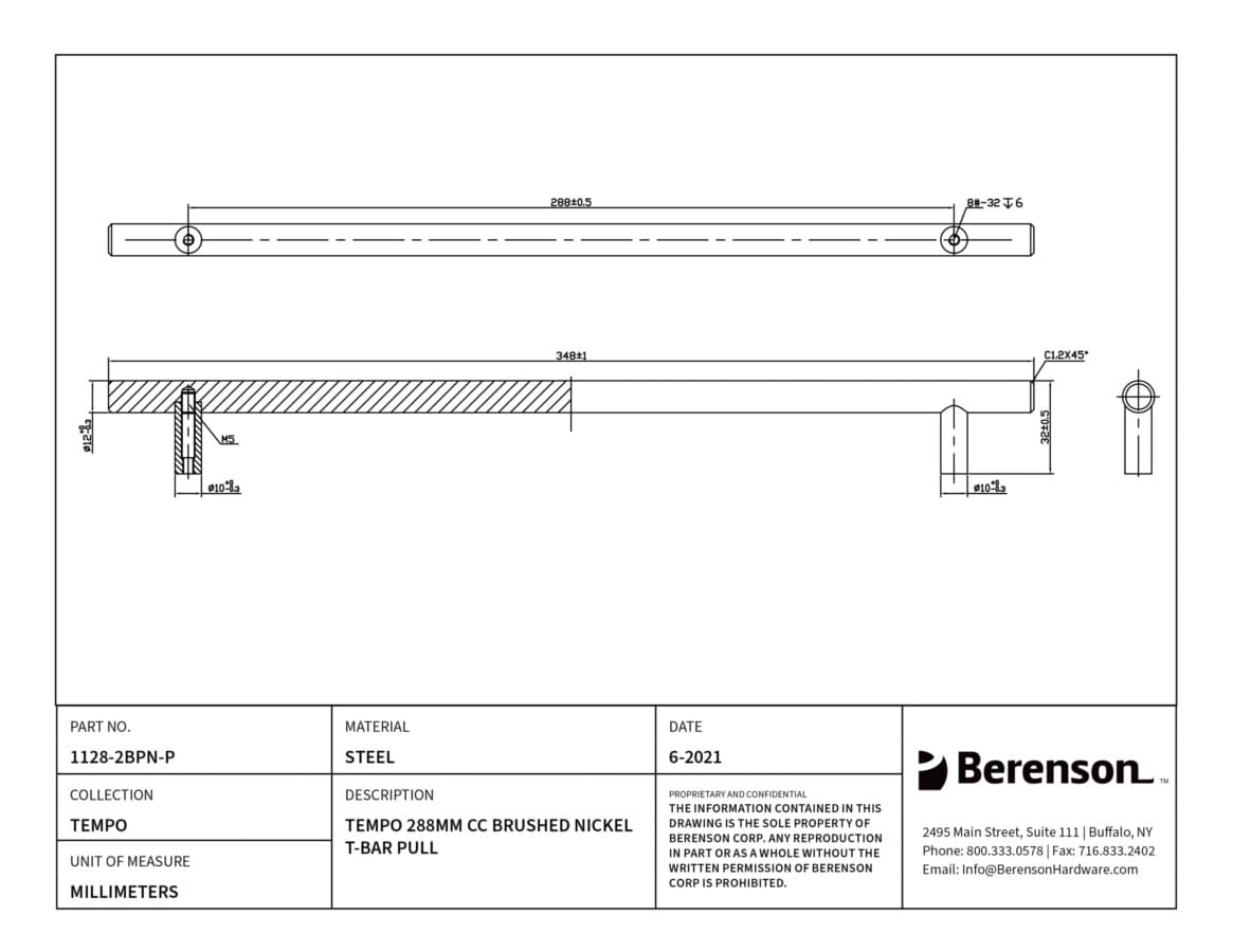 Berenson Tempo 11-11/32" (288 mm) Center to Center Brushed Nickel Pull, 1128-2BPN-P