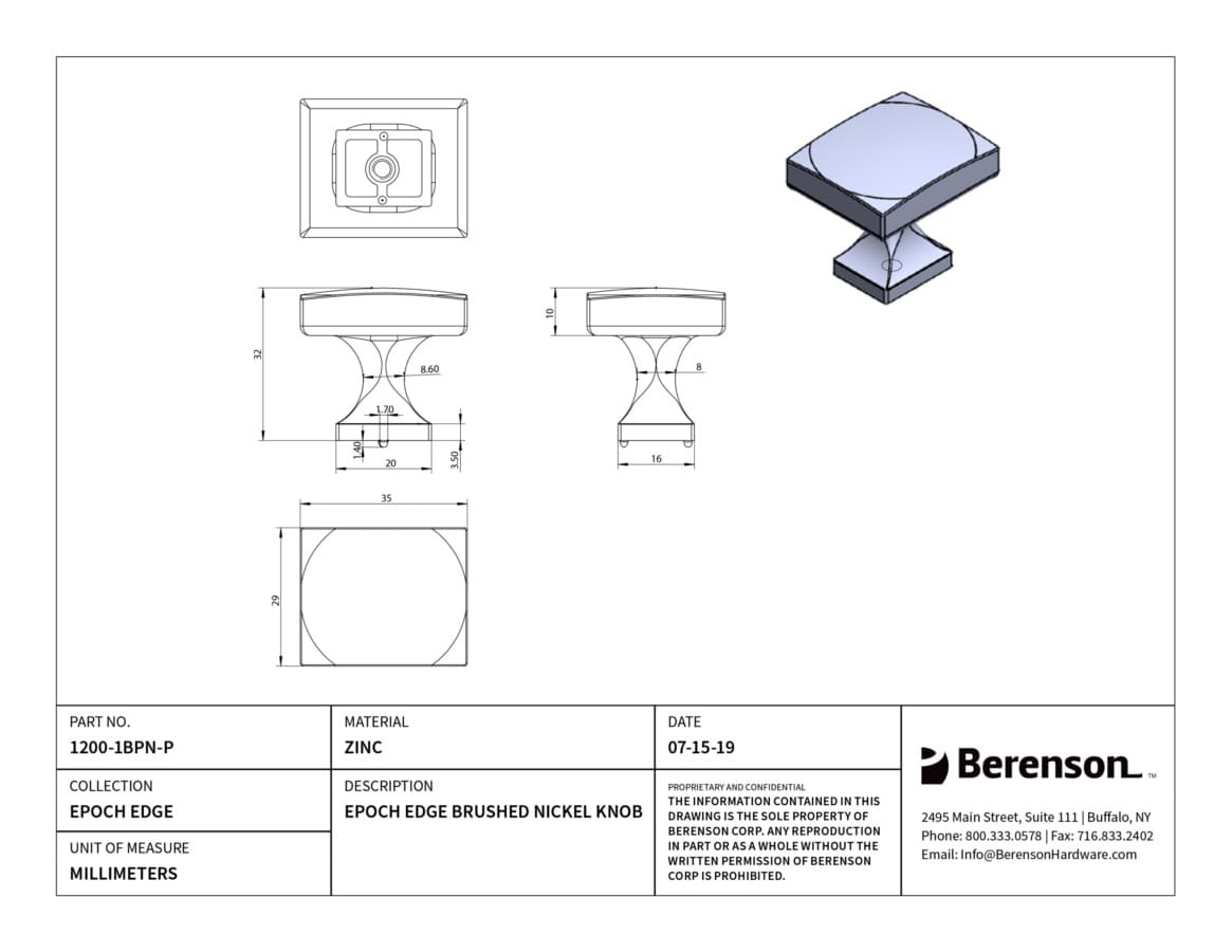 Berenson Epoch Edge Brushed Nickel 1-3/8" (35 mm) L x 1-1/8" (29 mm) W Knob, 1200-1BPN-P