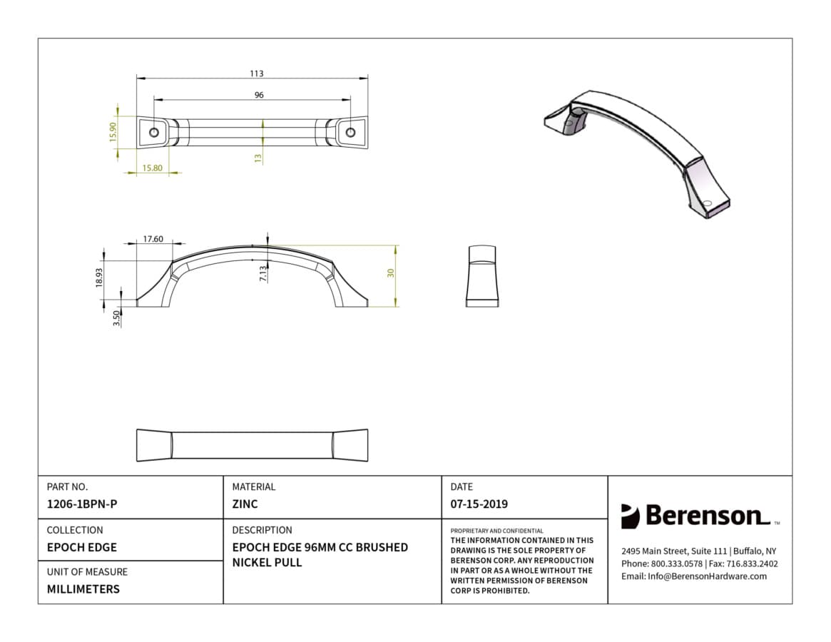 Berenson Epoch Edge 3-3/4" (95 mm) Center to Center Brushed Nickel Pull, 1206-1BPN-P