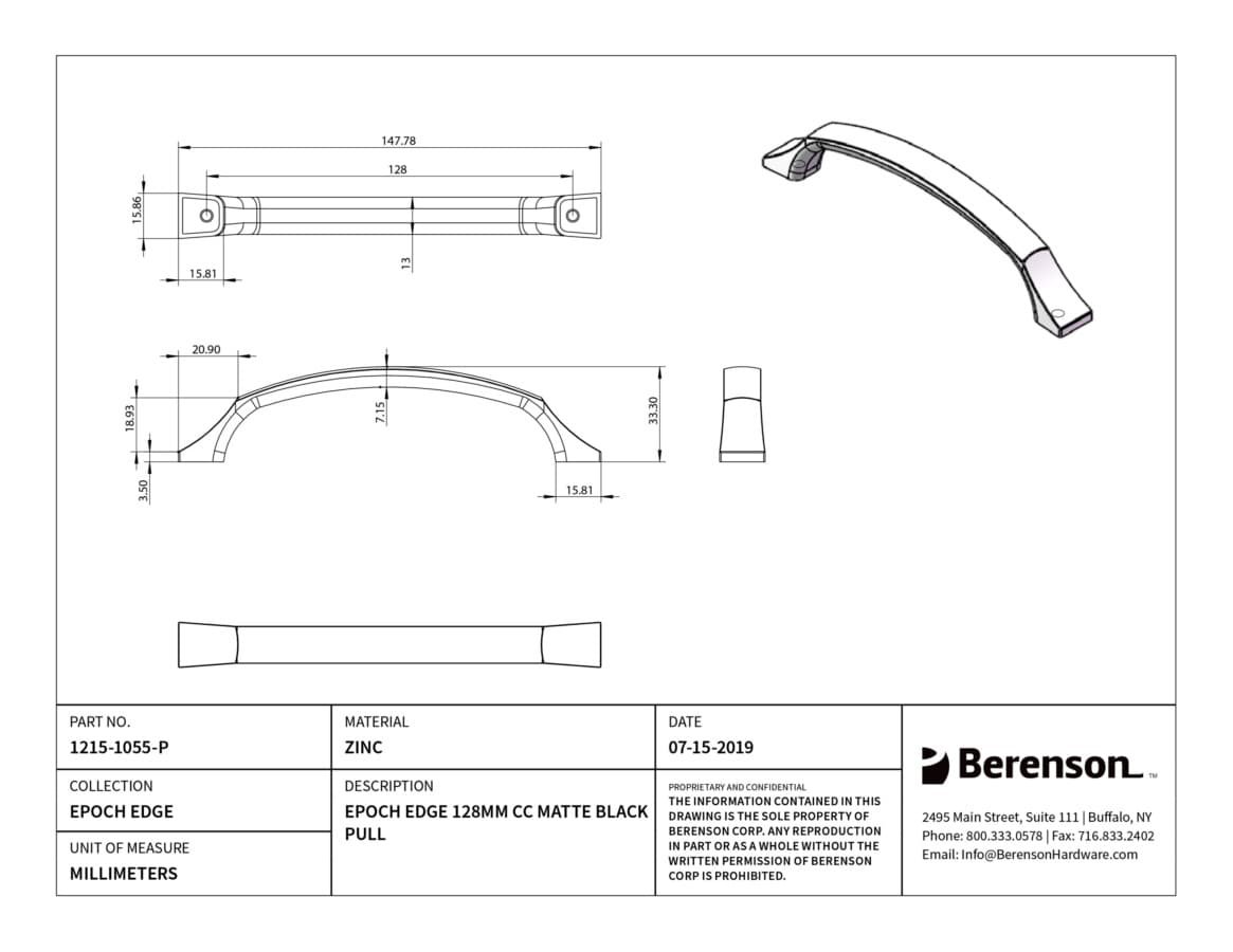 Berenson Epoch Edge 5-1/16" (128 mm) Center to Center Matte Black Pull, 1215-1055-P