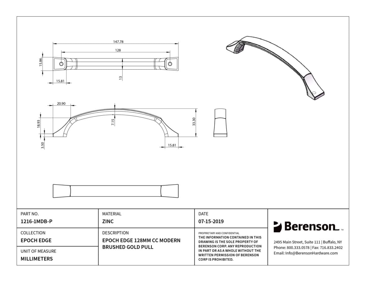 Berenson Epoch Edge 5-1/16" (128 mm) Center to Center Modern Brushed Gold Pull, 1216-1MDB-P