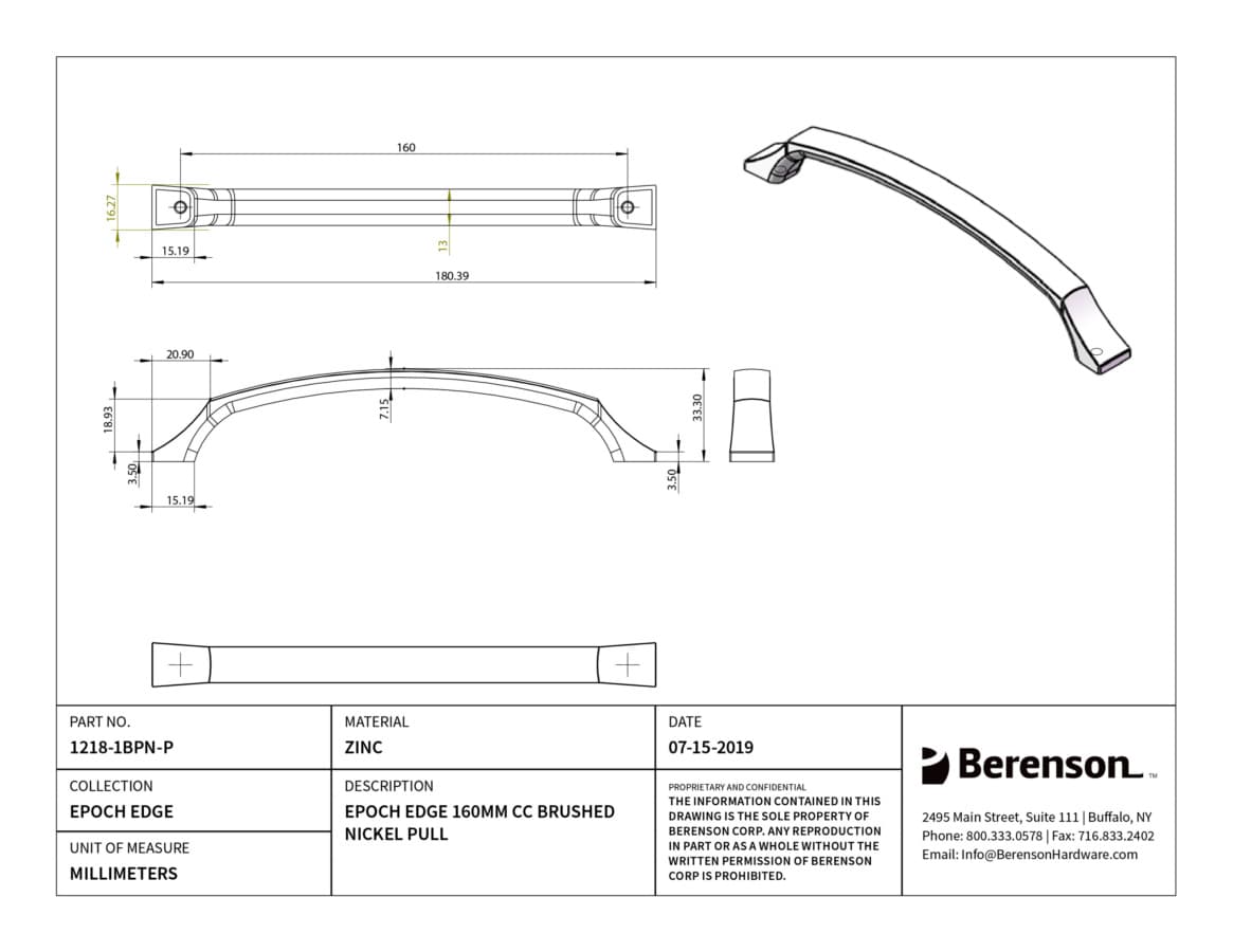 Berenson Epoch Edge 6-5/16" (160 mm) Center to Center Brushed Nickel Pull, 1218-1BPN-P