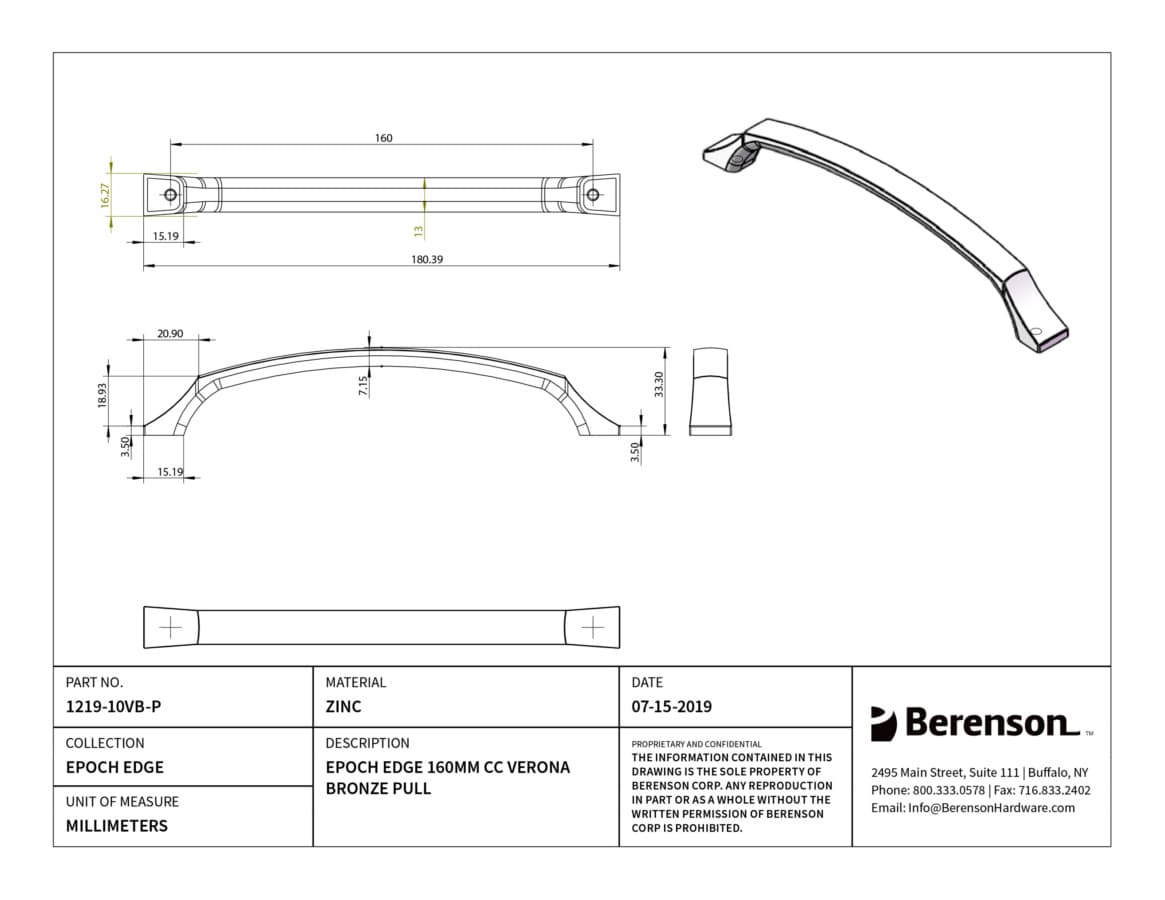 Berenson Epoch Edge 6-5/16" (160 mm) Center to Center Verona Bronze Pull, 1219-10VB-P