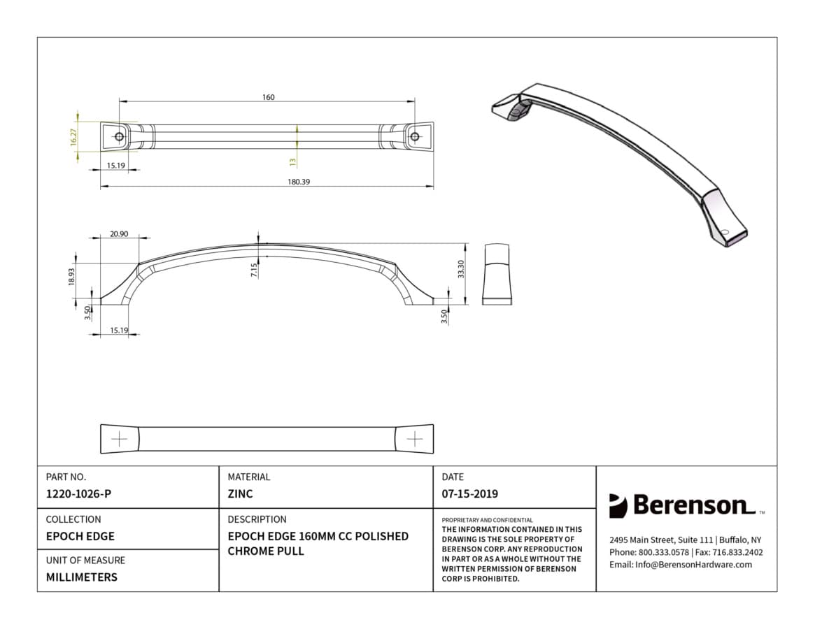 Berenson Epoch Edge 6-5/16" (160 mm) Center to Center Polished Chrome Pull, 1220-1026-P