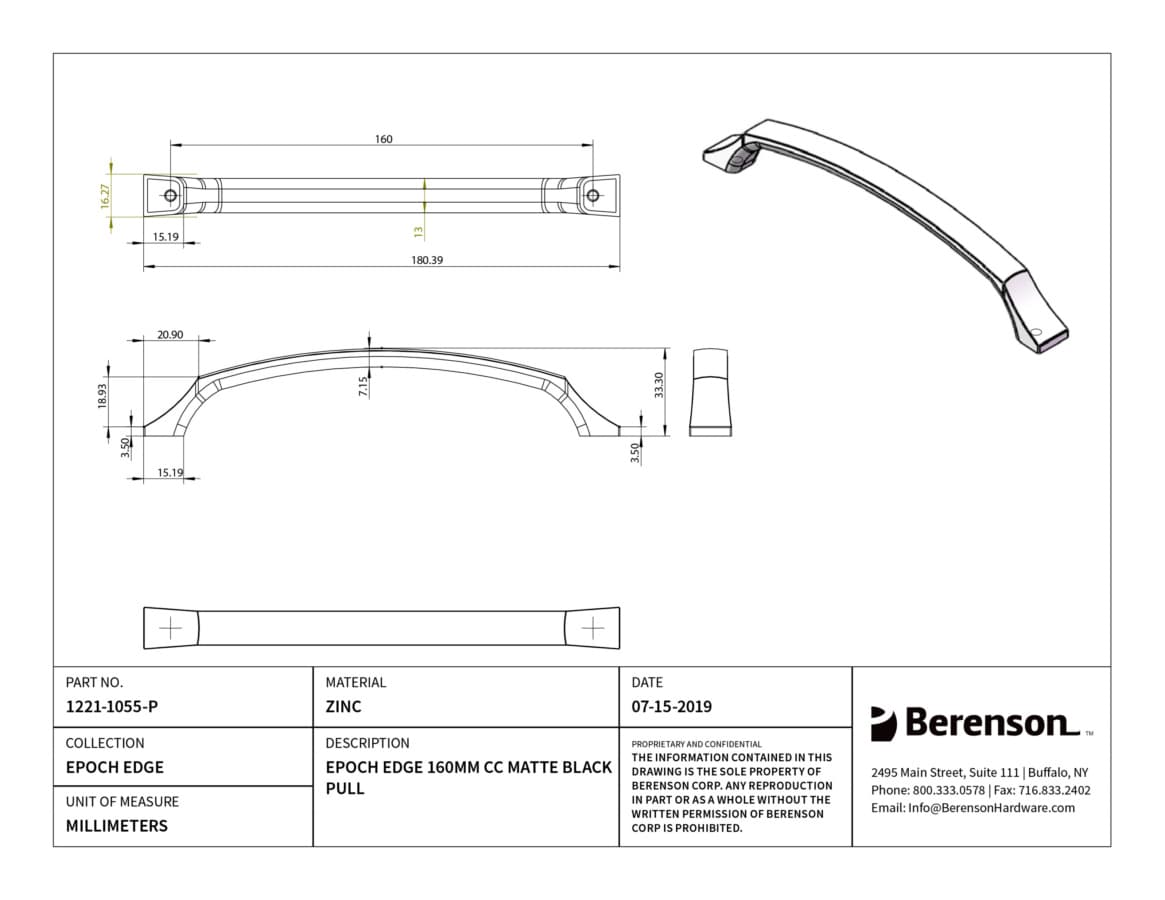 Berenson Epoch Edge 6-5/16" (160 mm) Center to Center Matte Black Pull, 1221-1055-P