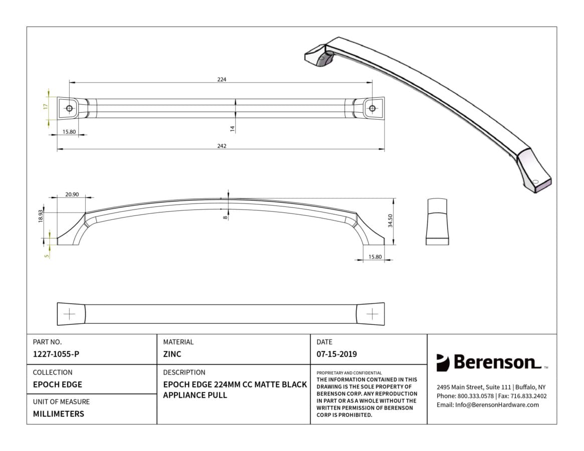 Berenson Epoch Edge 8-13/16" (224 mm) Center to Center Matte Black Pull, 1227-1055-P