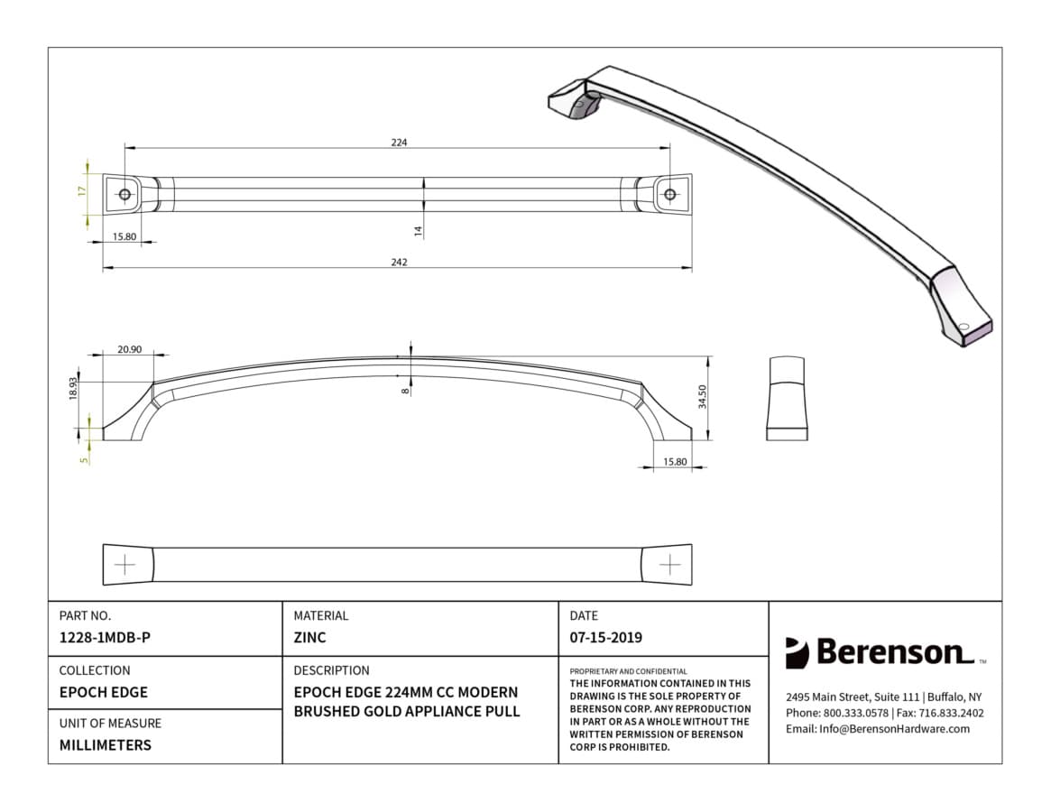 Berenson Epoch Edge 8-13/16" (224 mm) Center to Center Modern Brushed Gold Pull, 1228-1MDB-P