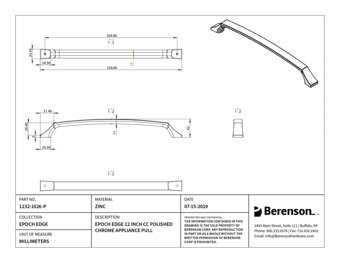 Berenson Epoch Edge Polished Chrome 12" (305 mm) Center to Center Appliance Pull, 1232-1026-P