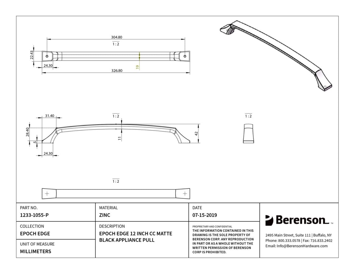 Berenson Epoch Edge Matte Black 12" (305 mm) Center to Center Appliance Pull, 1233-1055-P