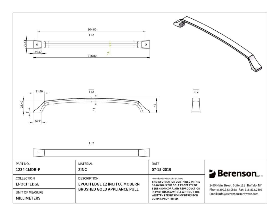 Berenson Epoch Edge Modern Brushed Gold 12" (305 mm) Center to Center Appliance Pull, 1234-1MDB-P
