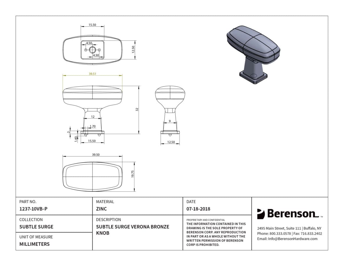 Berenson Subtle Surge Verona Bronze 1-9/16" (40 mm) L x 3/4" (19 mm) W Knob, 1237-10VB-P