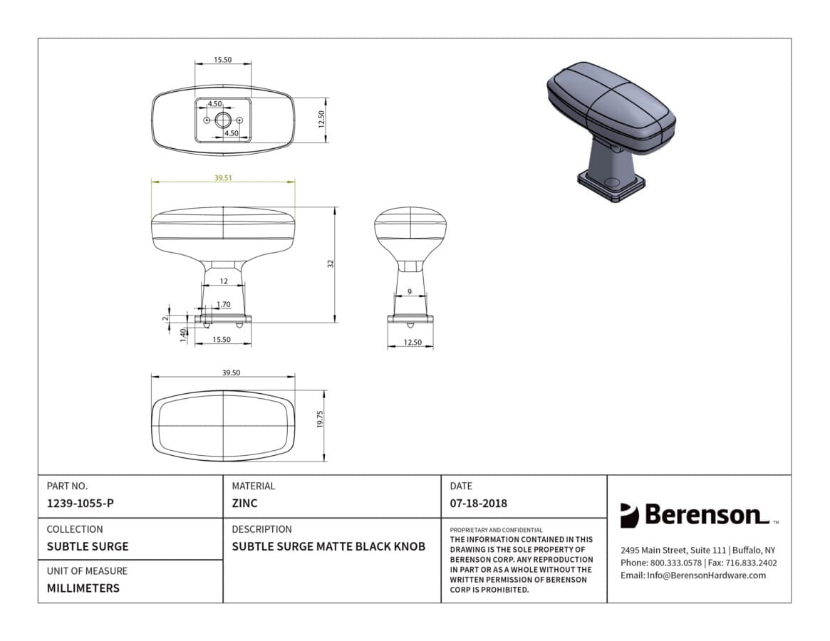 Berenson Subtle Surge Matte Black 1-9/16" (40 mm) L x 3/4" (19 mm) W Knob, 1239-1055-P