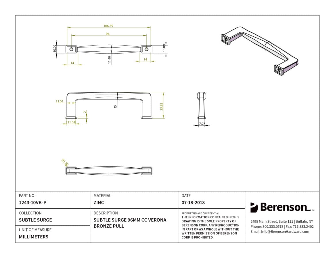 Berenson Subtle Surge 3-3/4" (95 mm) Center to Center Verona Bronze Pull, 1243-10VB-P