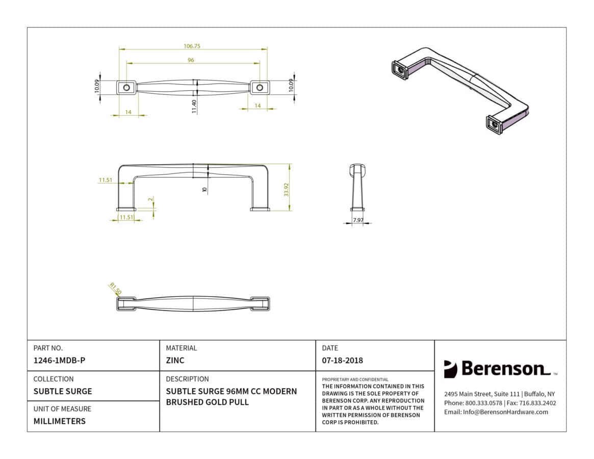 Berenson Subtle Surge 3-3/4" (95 mm) Center to Center Modern Brushed Gold Pull, 1246-1MDB-P