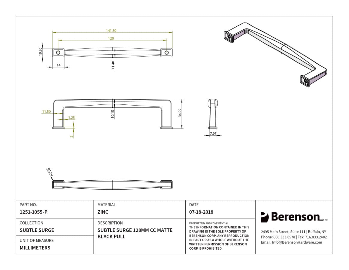 Berenson Subtle Surge 5-1/16" (128 mm) Center to Center Matte Black Pull, 1251-1055-P