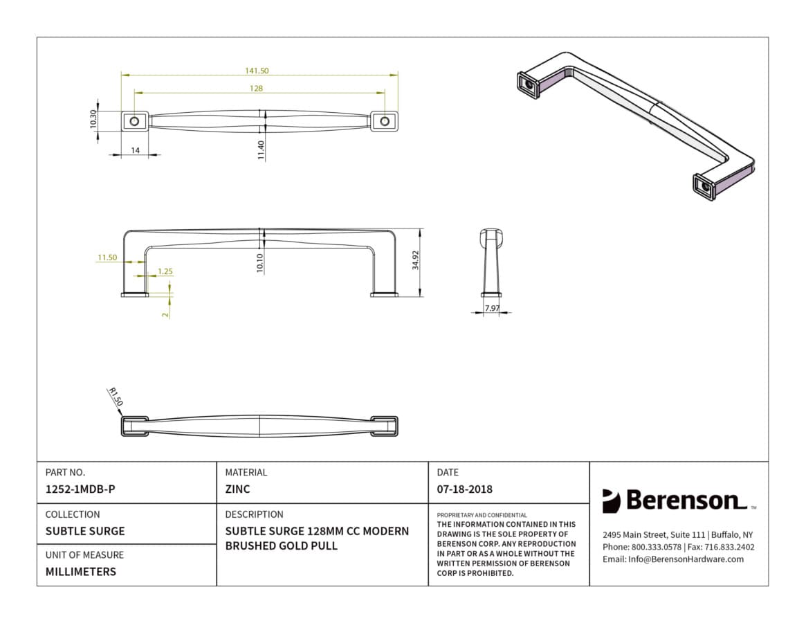 Berenson Subtle Surge 5-1/16" (128 mm) Center to Center Modern Brushed Gold Pull, 1252-1MDB-P