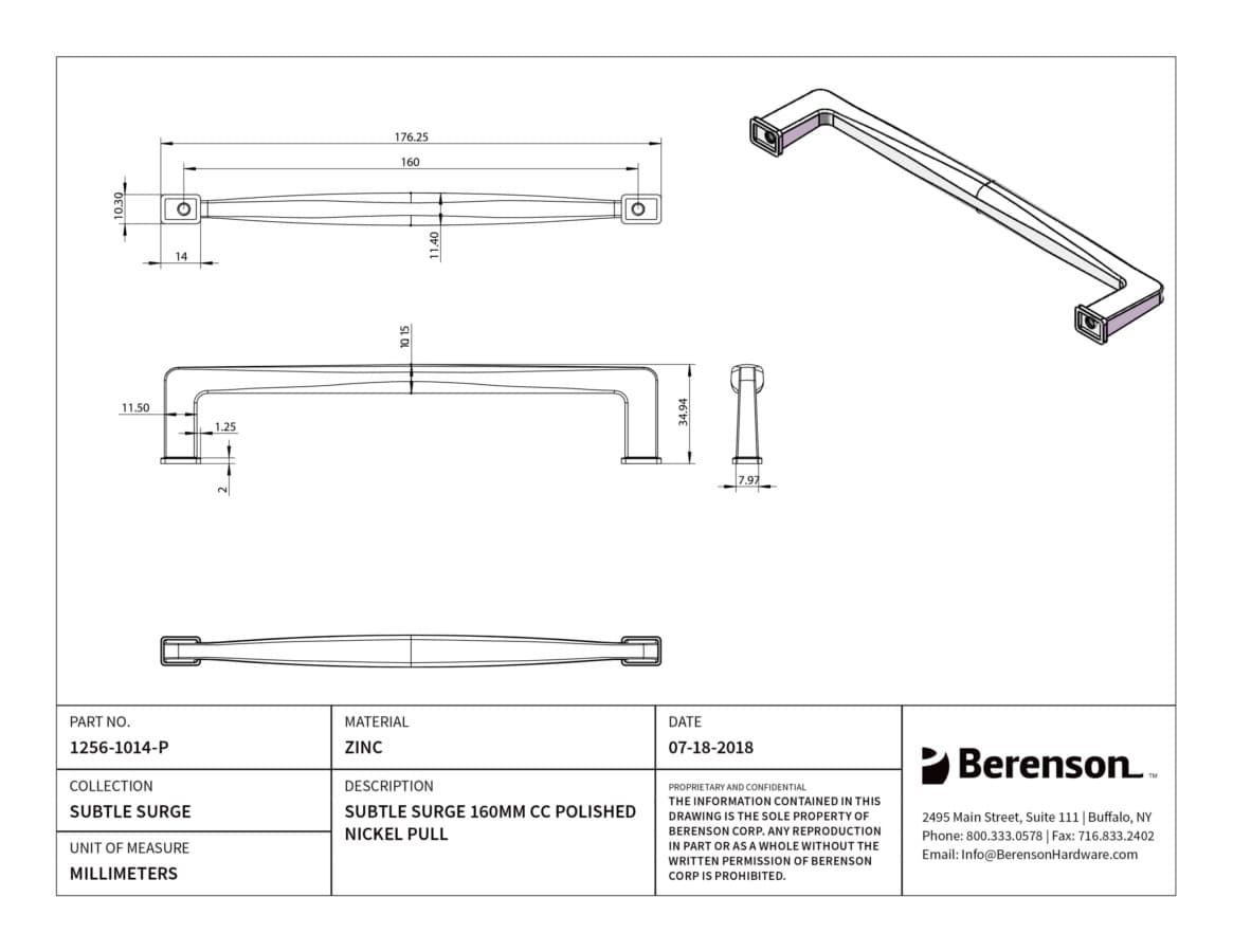 Berenson Subtle Surge 6-5/16" (160 mm) Center to Center Polished Nickel Pull, 1256-1014-P