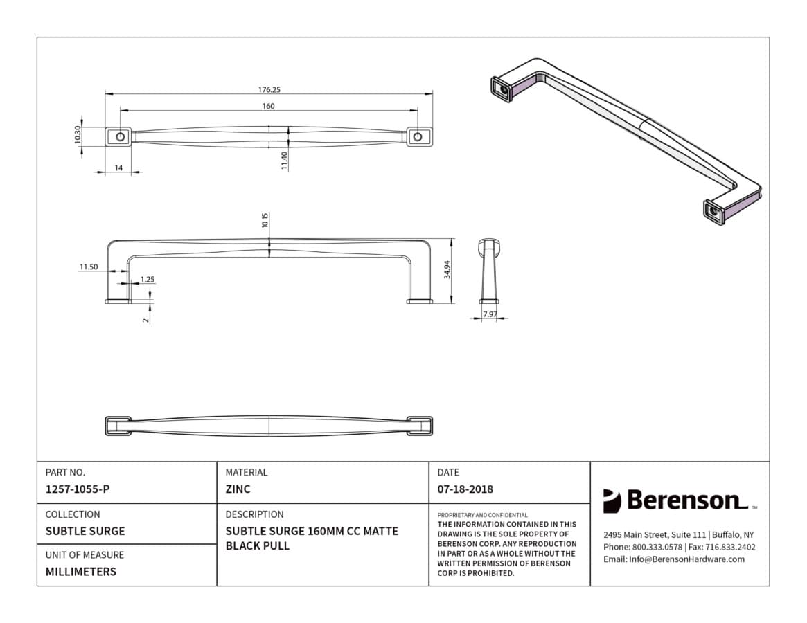 Berenson Subtle Surge 6-5/16" (160 mm) Center to Center Matte Black Pull, 1257-1055-P