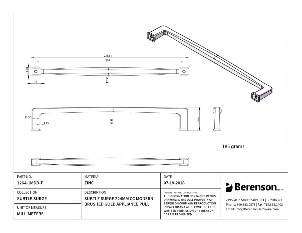 Berenson Subtle Surge 8-13/16" (224 mm) Center to Center Modern Brushed Gold Pull, 1264-1MDB-P