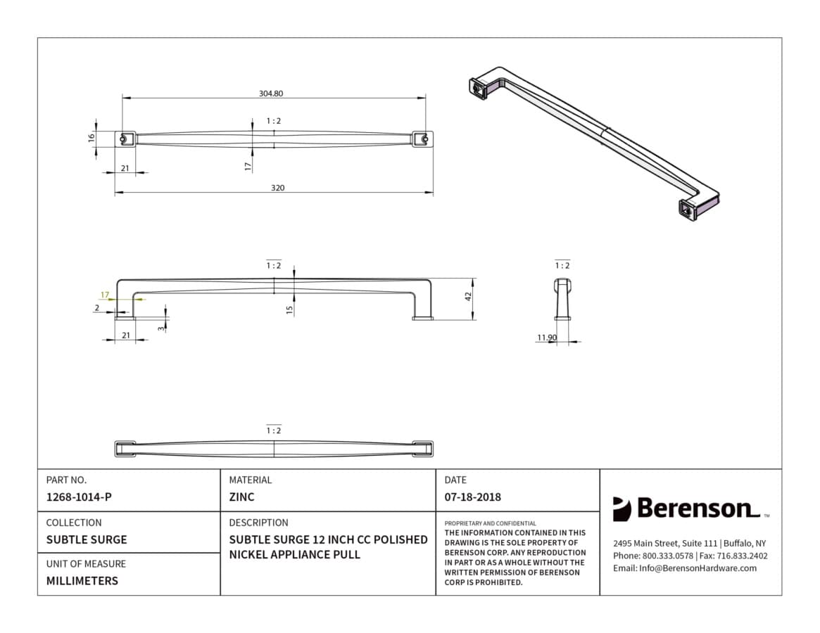 Berenson Subtle Surge Polished Nickel 12" (305 mm) Center to Center Appliance Pull, 1268-1014-P