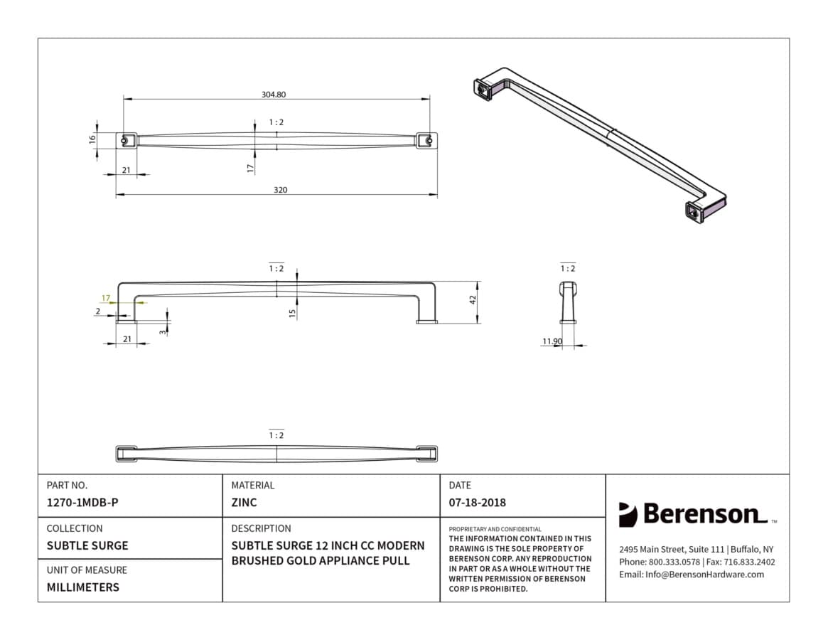 Berenson Subtle Surge Modern Brushed Gold 12" (305 mm) Center to Center Appliance Pull, 1270-1MDB-P