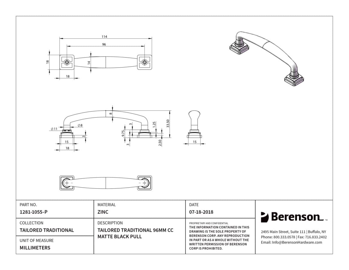 Berenson Tailored Traditional 3-3/4" (95 mm) Center to Center Matte Black Pull, 1281-1055-P