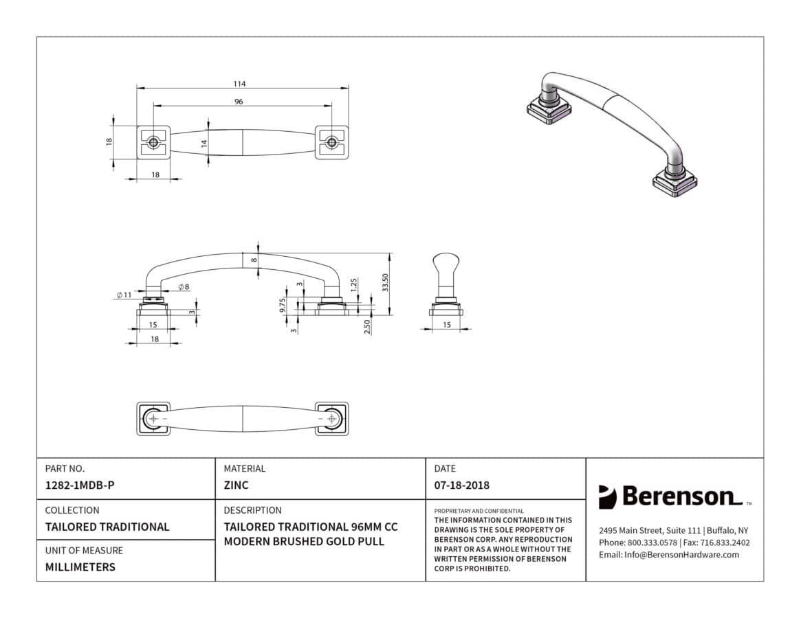 Berenson Tailored Traditional 3-3/4" (95 mm) Center to Center Modern Brushed Gold Pull, 1282-1MDB-P