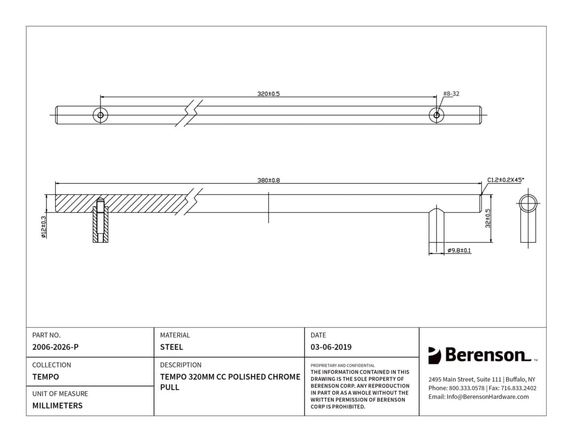 Berenson Tempo 12-5/8" (320 mm) Center to Center Polished Chrome Pull, 2006-2026-P