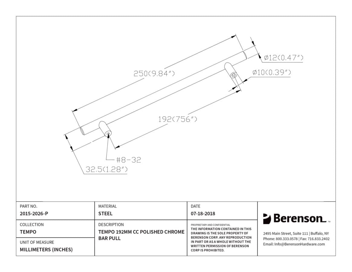 Berenson Tempo 7-9/16" (192 mm) Center to Center Polished Chrome Pull, 2015-2026-P