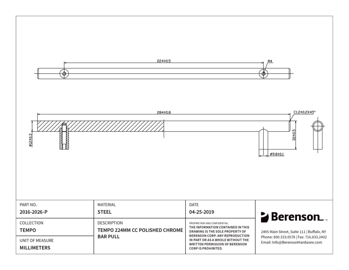 Berenson Tempo 8-13/16" (224 mm) Center to Center Polished Chrome Pull, 2016-2026-P
