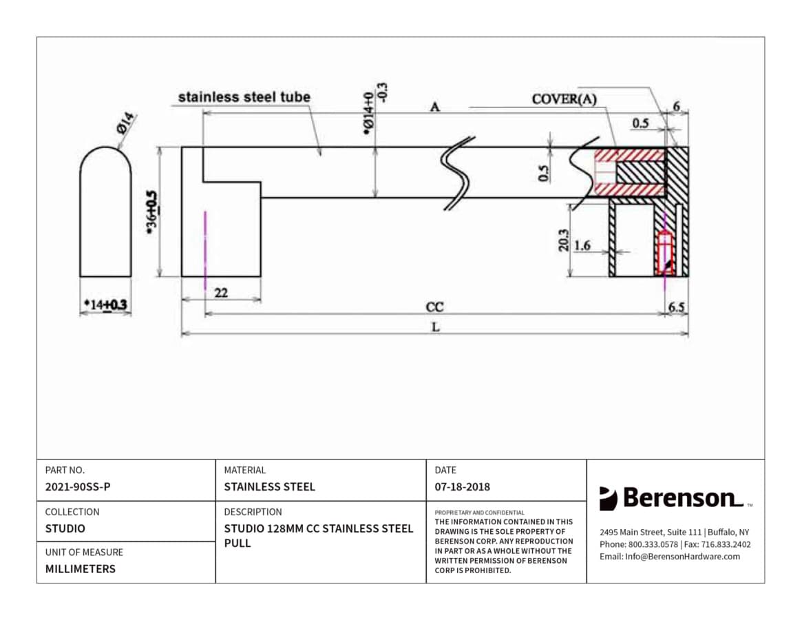 Berenson Studio 5-1/16" (128 mm) Center to Center Stainless Steel Pull, 2021-90SS-P