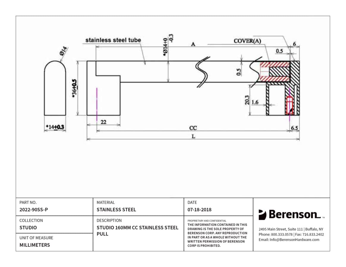 Berenson Studio 6-5/16" (160 mm) Center to Center Stainless Steel Pull, 2022-90SS-P